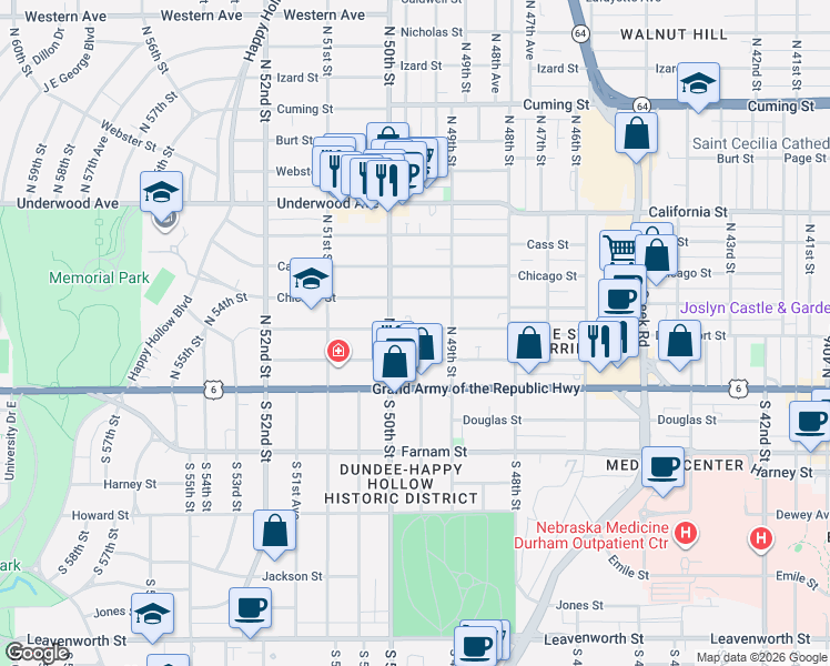 map of restaurants, bars, coffee shops, grocery stores, and more near 4919 Chicago Street in Omaha