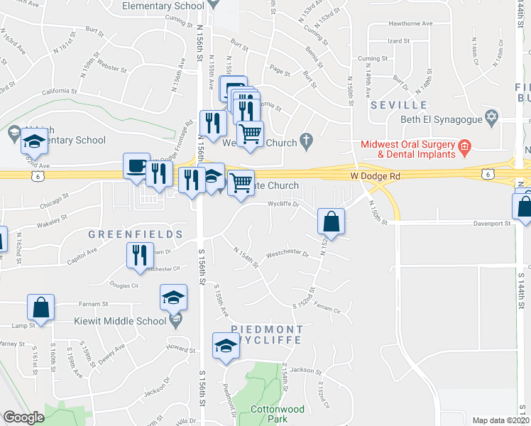 map of restaurants, bars, coffee shops, grocery stores, and more near 15361 Wycliffe Drive in Omaha