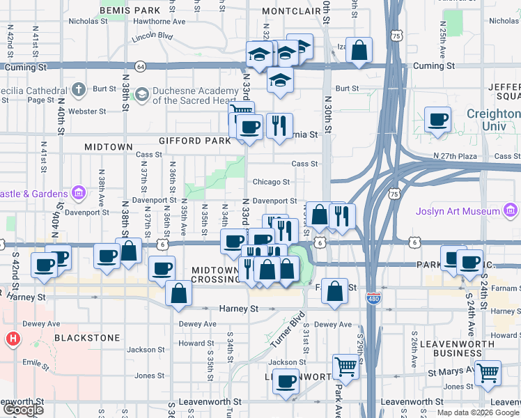 map of restaurants, bars, coffee shops, grocery stores, and more near 3270 Davenport Street in Omaha