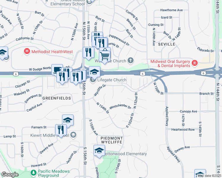map of restaurants, bars, coffee shops, grocery stores, and more near 15361 Wycliffe Drive in Omaha