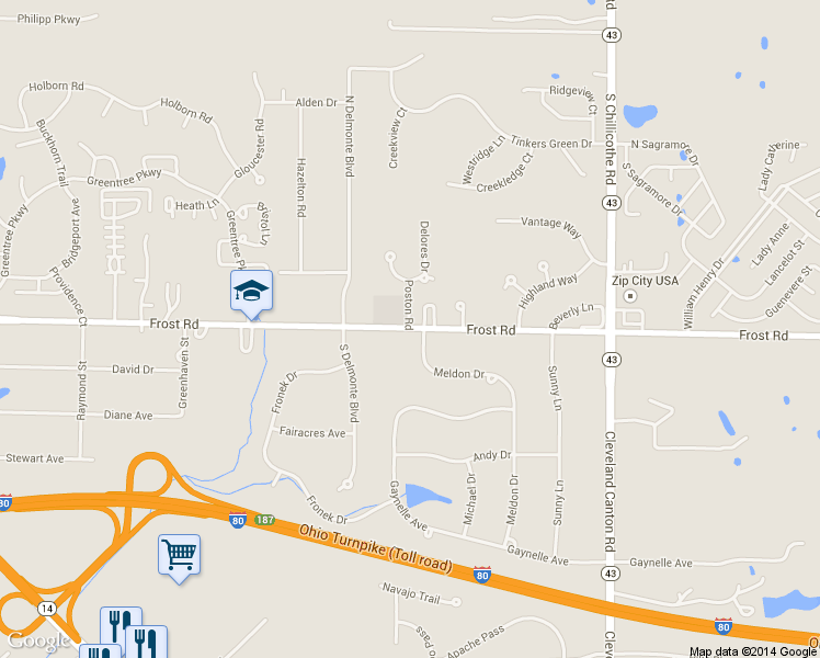 map of restaurants, bars, coffee shops, grocery stores, and more near 1143 Frost Road in Streetsboro