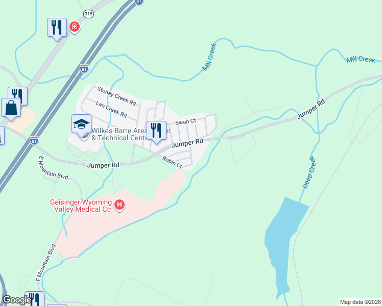 map of restaurants, bars, coffee shops, grocery stores, and more near 653-665 Jumper Road in Wilkes-Barre