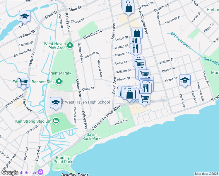 map of restaurants, bars, coffee shops, grocery stores, and more near 7 Graham Manor Road in West Haven