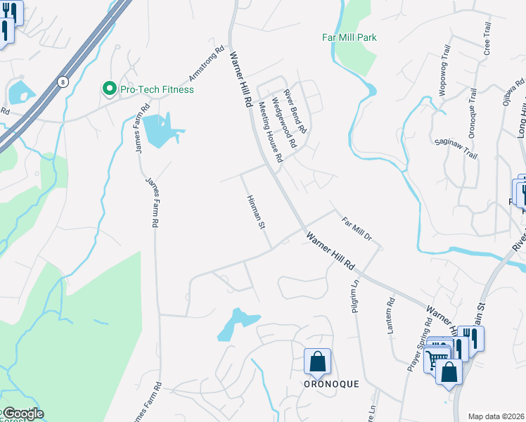 map of restaurants, bars, coffee shops, grocery stores, and more near 160 Hinman Street in Stratford