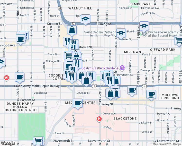 map of restaurants, bars, coffee shops, grocery stores, and more near 322 North 43rd Street in Omaha