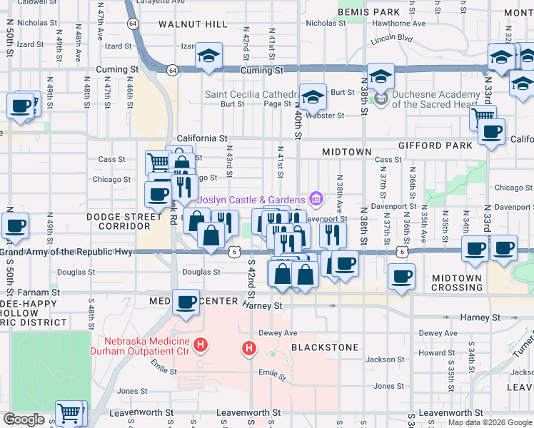 map of restaurants, bars, coffee shops, grocery stores, and more near 322 North 41st Street in Omaha