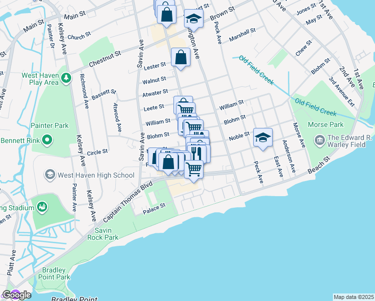 map of restaurants, bars, coffee shops, grocery stores, and more near 148 Campbell Avenue in West Haven
