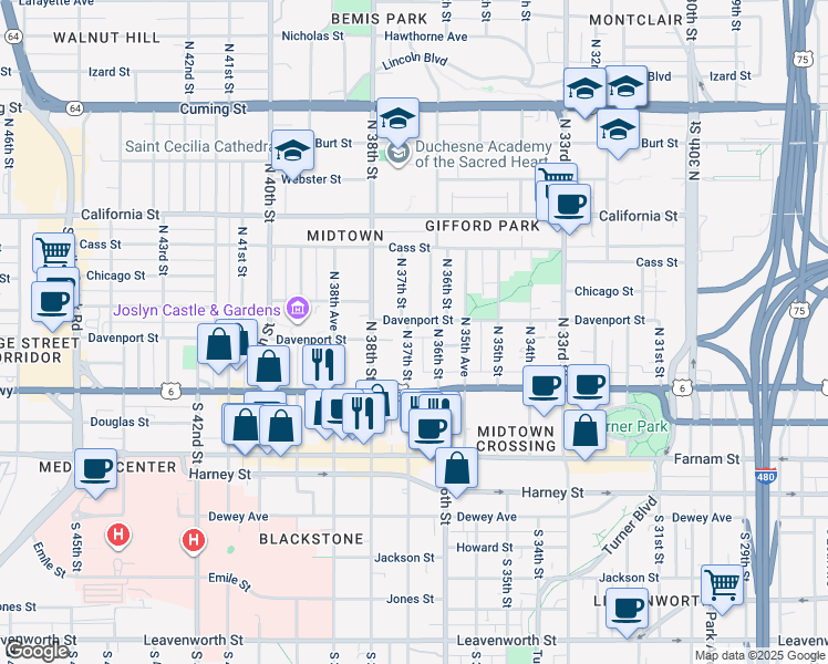 map of restaurants, bars, coffee shops, grocery stores, and more near 304 North 36th Avenue in Omaha