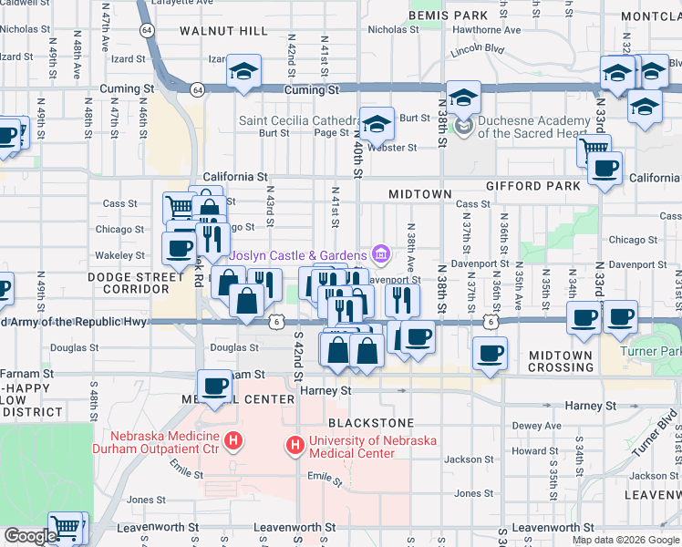 map of restaurants, bars, coffee shops, grocery stores, and more near 322 North 41st Street in Omaha