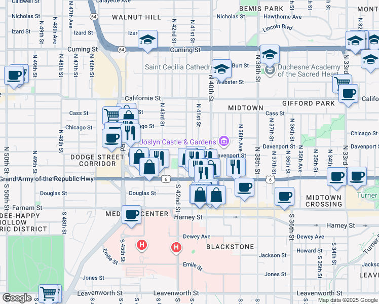 map of restaurants, bars, coffee shops, grocery stores, and more near 322 North 41st Street in Omaha
