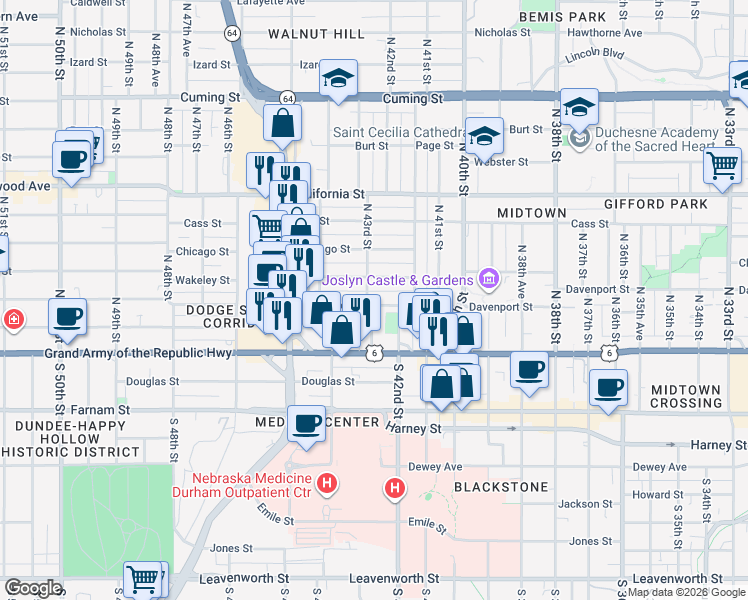 map of restaurants, bars, coffee shops, grocery stores, and more near 322 North 43rd Street in Omaha