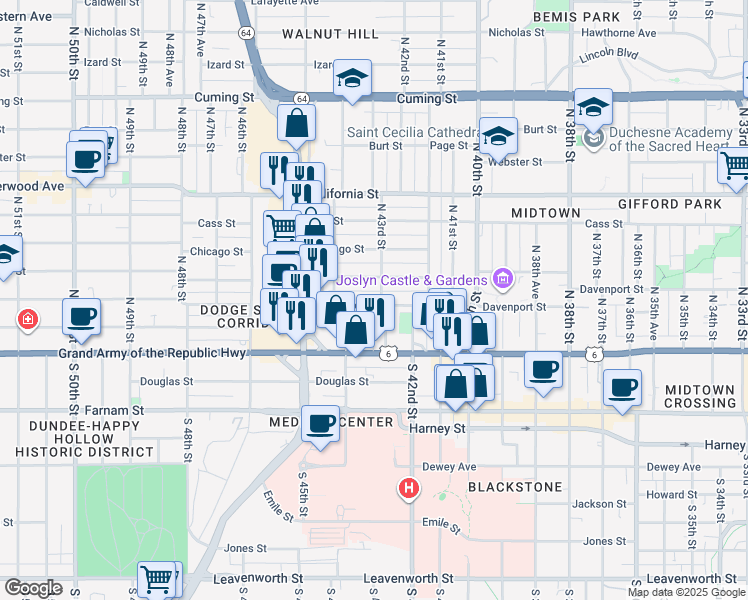 map of restaurants, bars, coffee shops, grocery stores, and more near 322 North 43rd Street in Omaha