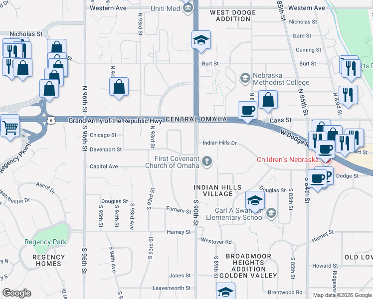 map of restaurants, bars, coffee shops, grocery stores, and more near 324 North 91st Street in Omaha