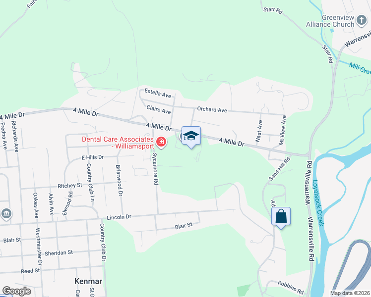 map of restaurants, bars, coffee shops, grocery stores, and more near 2800 4 Mile Drive in Williamsport