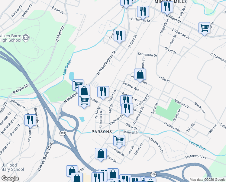map of restaurants, bars, coffee shops, grocery stores, and more near 80 Austin Avenue in Wilkes-Barre