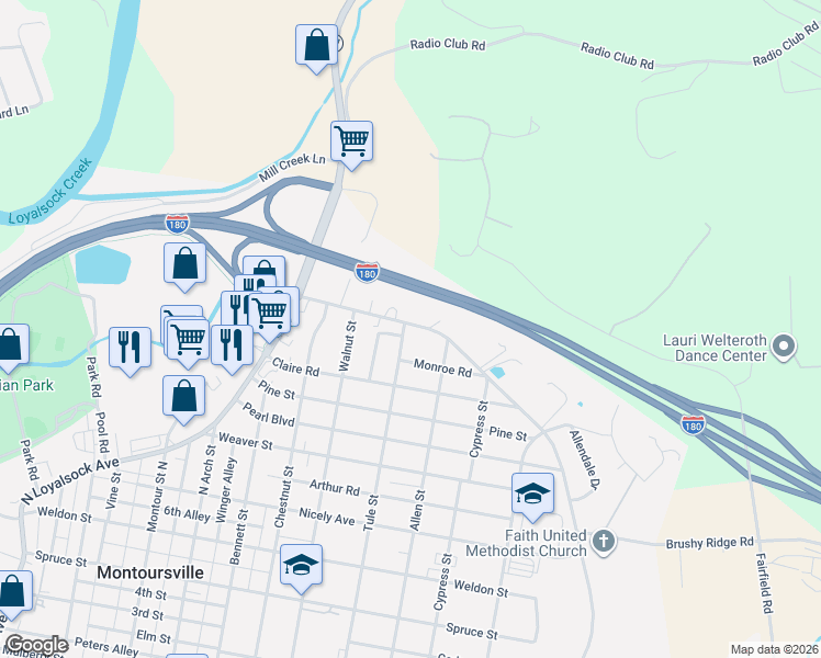 map of restaurants, bars, coffee shops, grocery stores, and more near 1500-1598 Fairview Drive in Montoursville