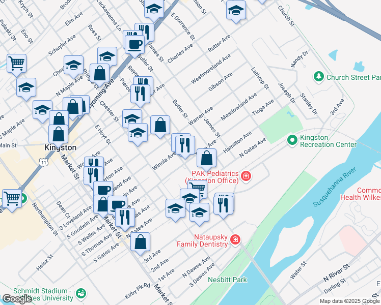 map of restaurants, bars, coffee shops, grocery stores, and more near 355 Reynolds Street in Kingston