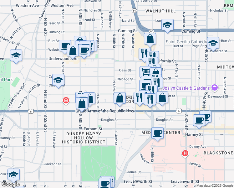 map of restaurants, bars, coffee shops, grocery stores, and more near 4719 Wakeley Street in Omaha