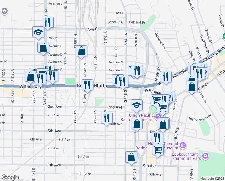 map of restaurants, bars, coffee shops, grocery stores, and more near 901 West Broadway in Council Bluffs