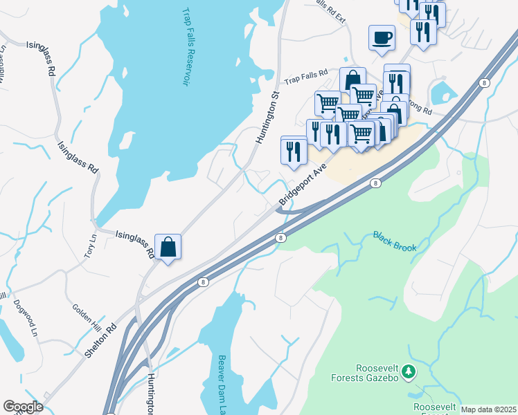 map of restaurants, bars, coffee shops, grocery stores, and more near 1208 Avalon Drive in Shelton