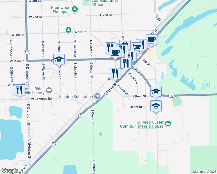 map of restaurants, bars, coffee shops, grocery stores, and more near 408 South Front Street in Braidwood