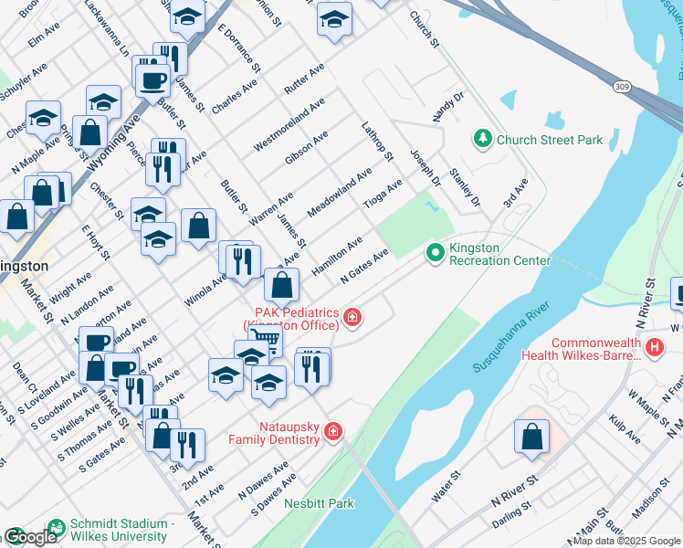 map of restaurants, bars, coffee shops, grocery stores, and more near 514 North Gates Avenue in Kingston