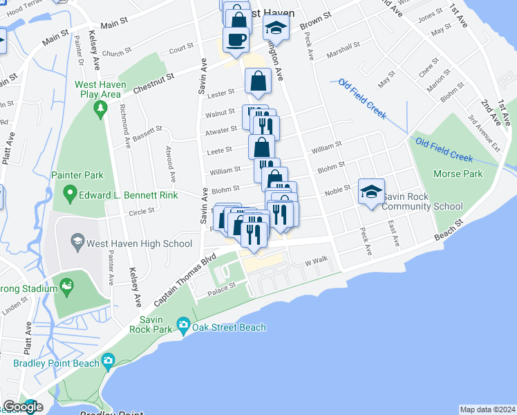 map of restaurants, bars, coffee shops, grocery stores, and more near 264 Noble Street in West Haven