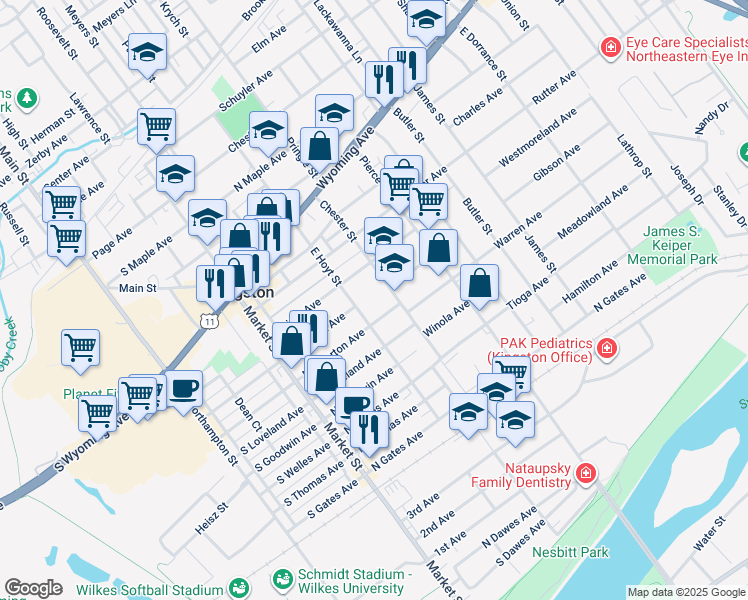 map of restaurants, bars, coffee shops, grocery stores, and more near 201 Chester Street in Kingston