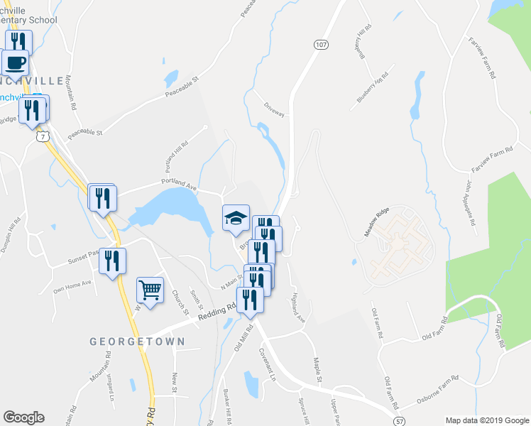 map of restaurants, bars, coffee shops, grocery stores, and more near 107 Redding Road in Redding
