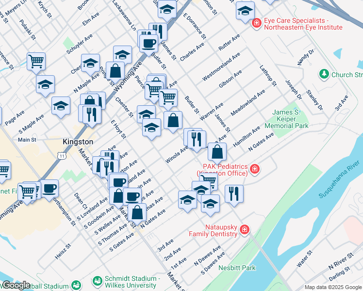 map of restaurants, bars, coffee shops, grocery stores, and more near 287 Pierce Street in Kingston