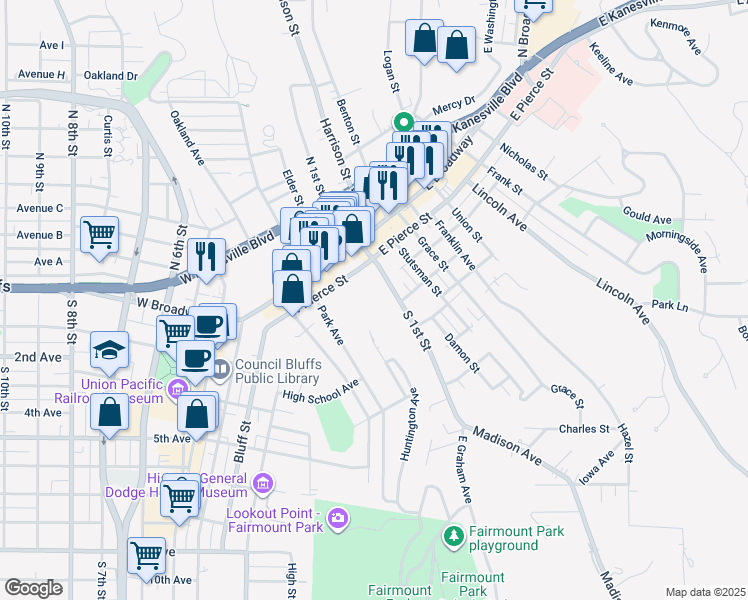 map of restaurants, bars, coffee shops, grocery stores, and more near 2014 South 1st Street in Council Bluffs