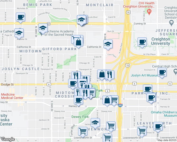 map of restaurants, bars, coffee shops, grocery stores, and more near 3166 Davenport Street in Omaha