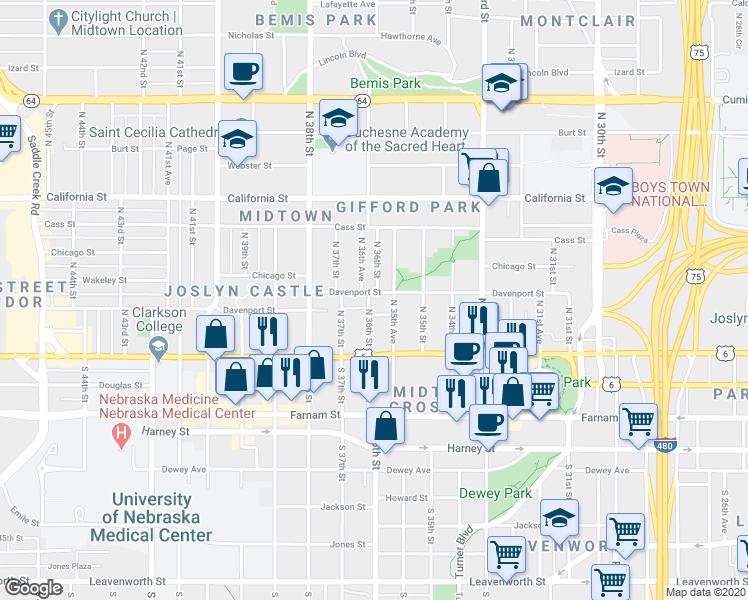 map of restaurants, bars, coffee shops, grocery stores, and more near 3554 Davenport Street in Omaha
