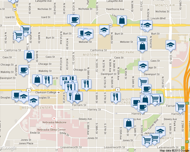 map of restaurants, bars, coffee shops, grocery stores, and more near 3815 Chicago Street in Omaha