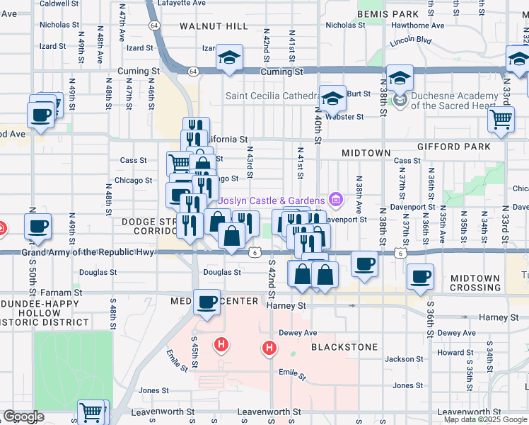 map of restaurants, bars, coffee shops, grocery stores, and more near 4167 Wakeley Street in Omaha