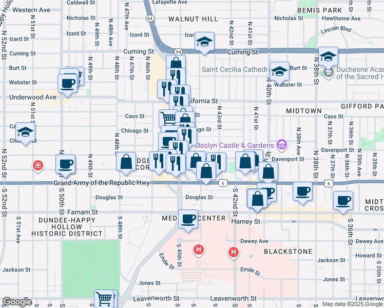 map of restaurants, bars, coffee shops, grocery stores, and more near 4339 Wakeley Street in Omaha