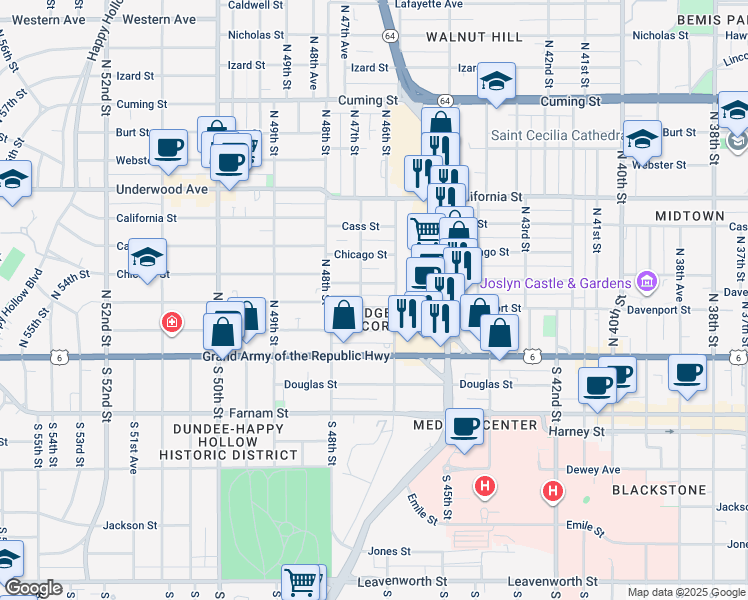 map of restaurants, bars, coffee shops, grocery stores, and more near 4613 Wakeley Street in Omaha
