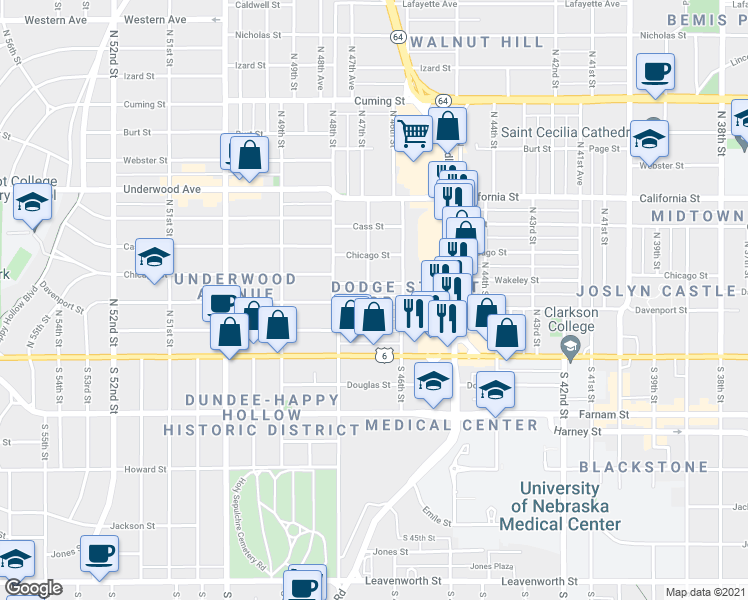 map of restaurants, bars, coffee shops, grocery stores, and more near 4613 Wakeley Street in Omaha