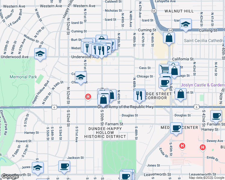 map of restaurants, bars, coffee shops, grocery stores, and more near 4919 Chicago Street in Omaha