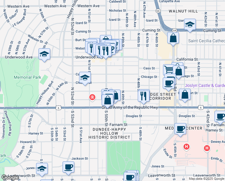 map of restaurants, bars, coffee shops, grocery stores, and more near 4919 Chicago Street in Omaha