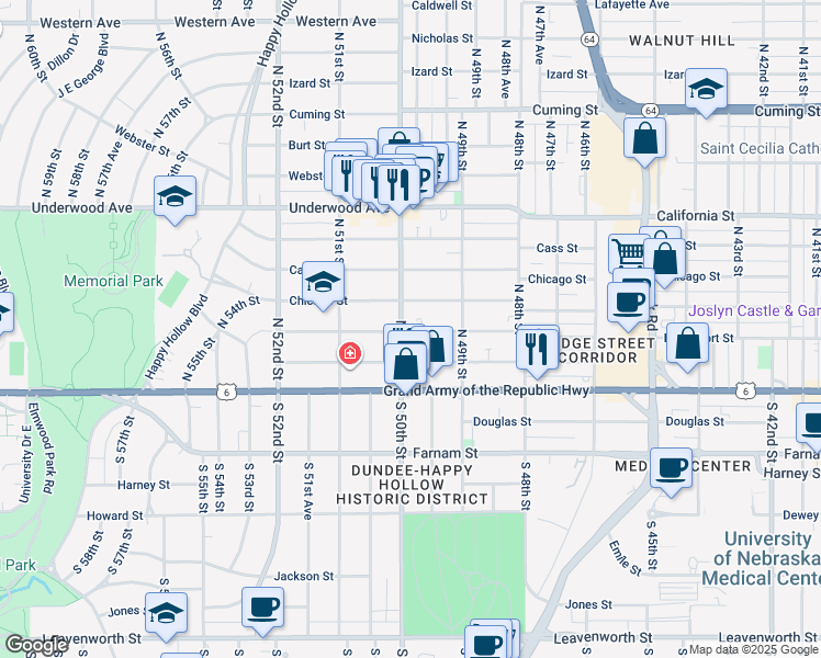 map of restaurants, bars, coffee shops, grocery stores, and more near 4919 Chicago Street in Omaha