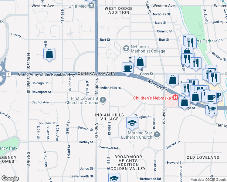 map of restaurants, bars, coffee shops, grocery stores, and more near 8805 Indian Hills Drive in Omaha
