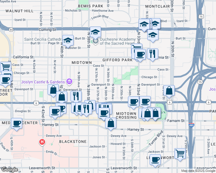 map of restaurants, bars, coffee shops, grocery stores, and more near 3571 Davenport Street in Omaha