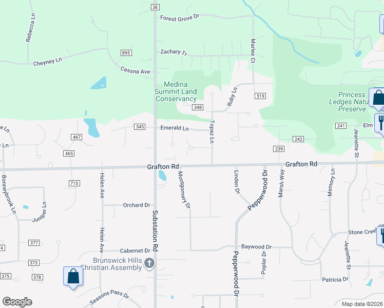 map of restaurants, bars, coffee shops, grocery stores, and more near 622 Topaz Lane in Brunswick