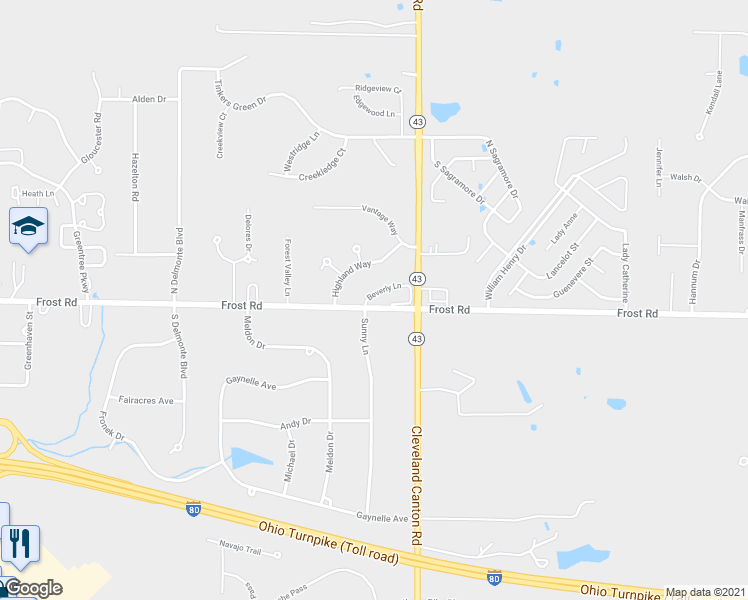 map of restaurants, bars, coffee shops, grocery stores, and more near 9952 Beverly Lane in Streetsboro