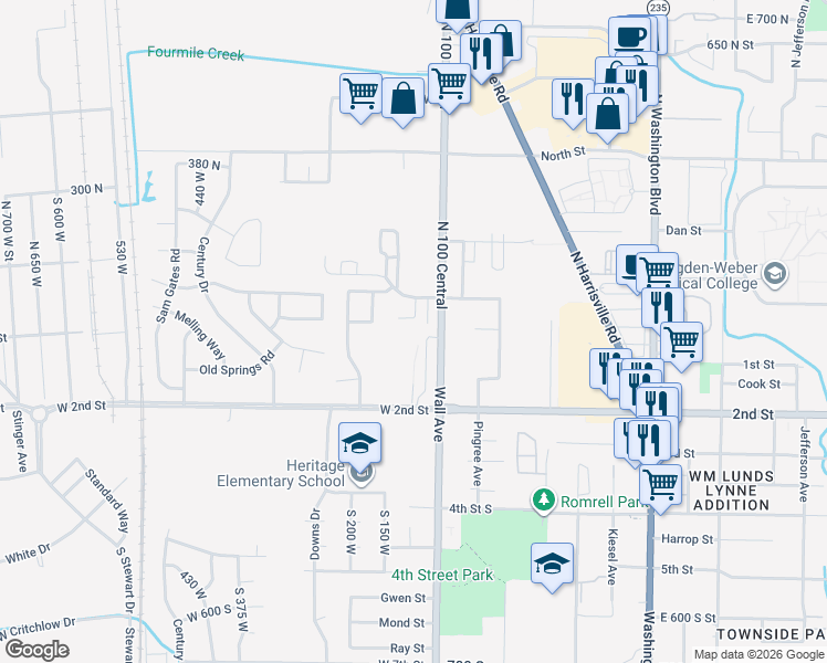 map of restaurants, bars, coffee shops, grocery stores, and more near 156 140 North in Ogden