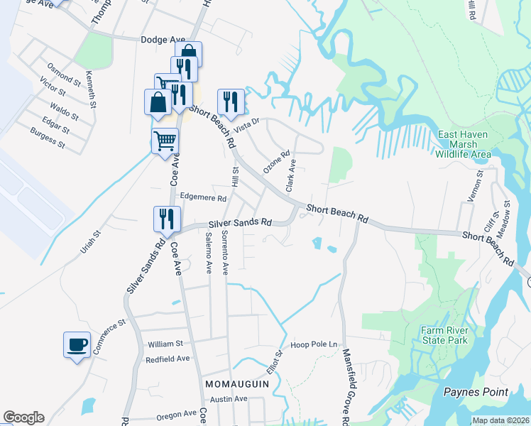 map of restaurants, bars, coffee shops, grocery stores, and more near 330 Short Beach Road in East Haven
