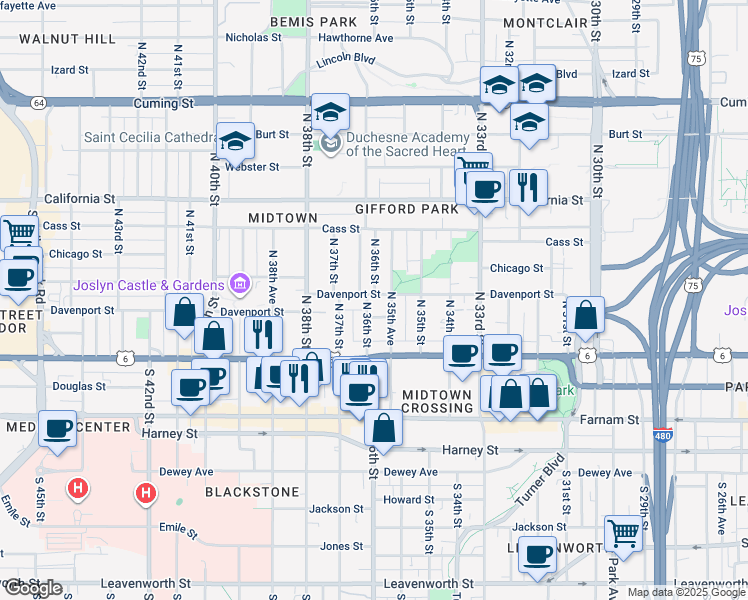 map of restaurants, bars, coffee shops, grocery stores, and more near 3571 Davenport Street in Omaha