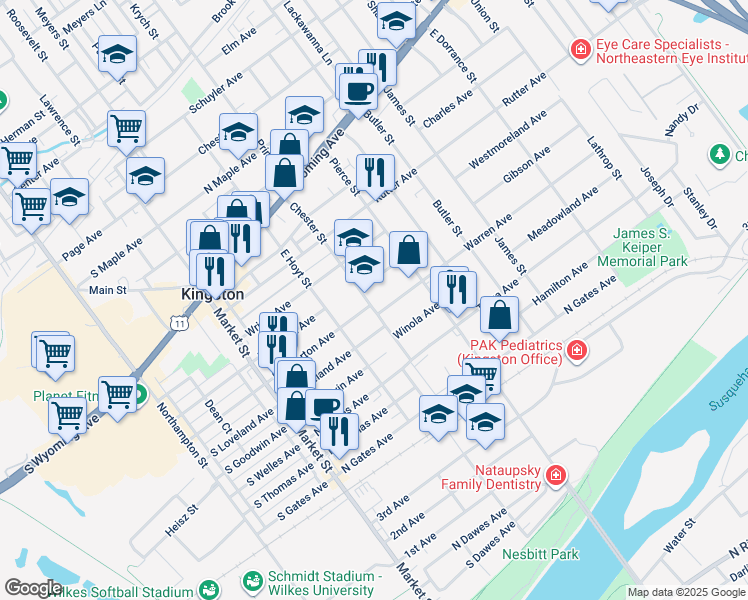 map of restaurants, bars, coffee shops, grocery stores, and more near 158 Chester Street in Kingston