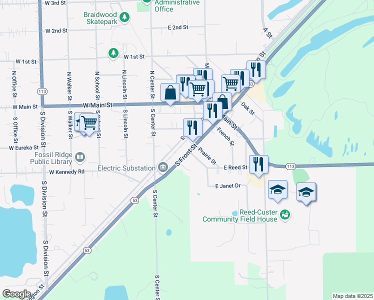 map of restaurants, bars, coffee shops, grocery stores, and more near 408 South Front Street in Braidwood